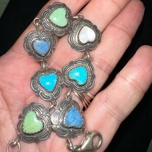 VINTAGE MULTI GEMSTONE STERLING SILVER HEART BRACELET